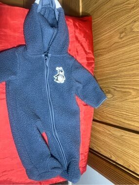 Cozy Navy Baby Hooded Footed One-Piece with Penguin Accent